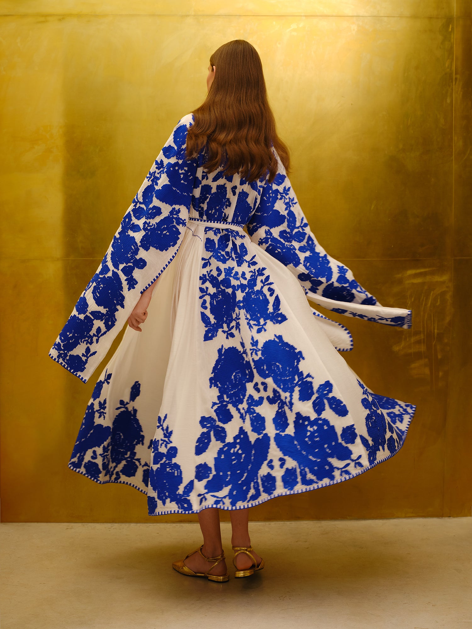 Luxurious White/Blue Roses Women's Midi Dress Yuliya Magdych