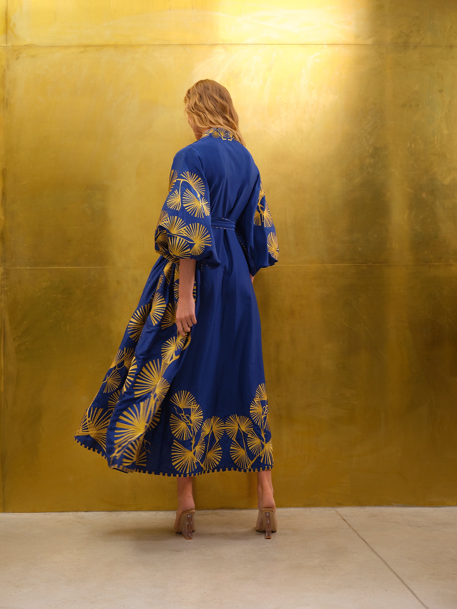 blue and gold midi dress Greek Archaic Kori Women's Elegant Off-Shoulder Linen Maxi Dress, Blue & Gold, M