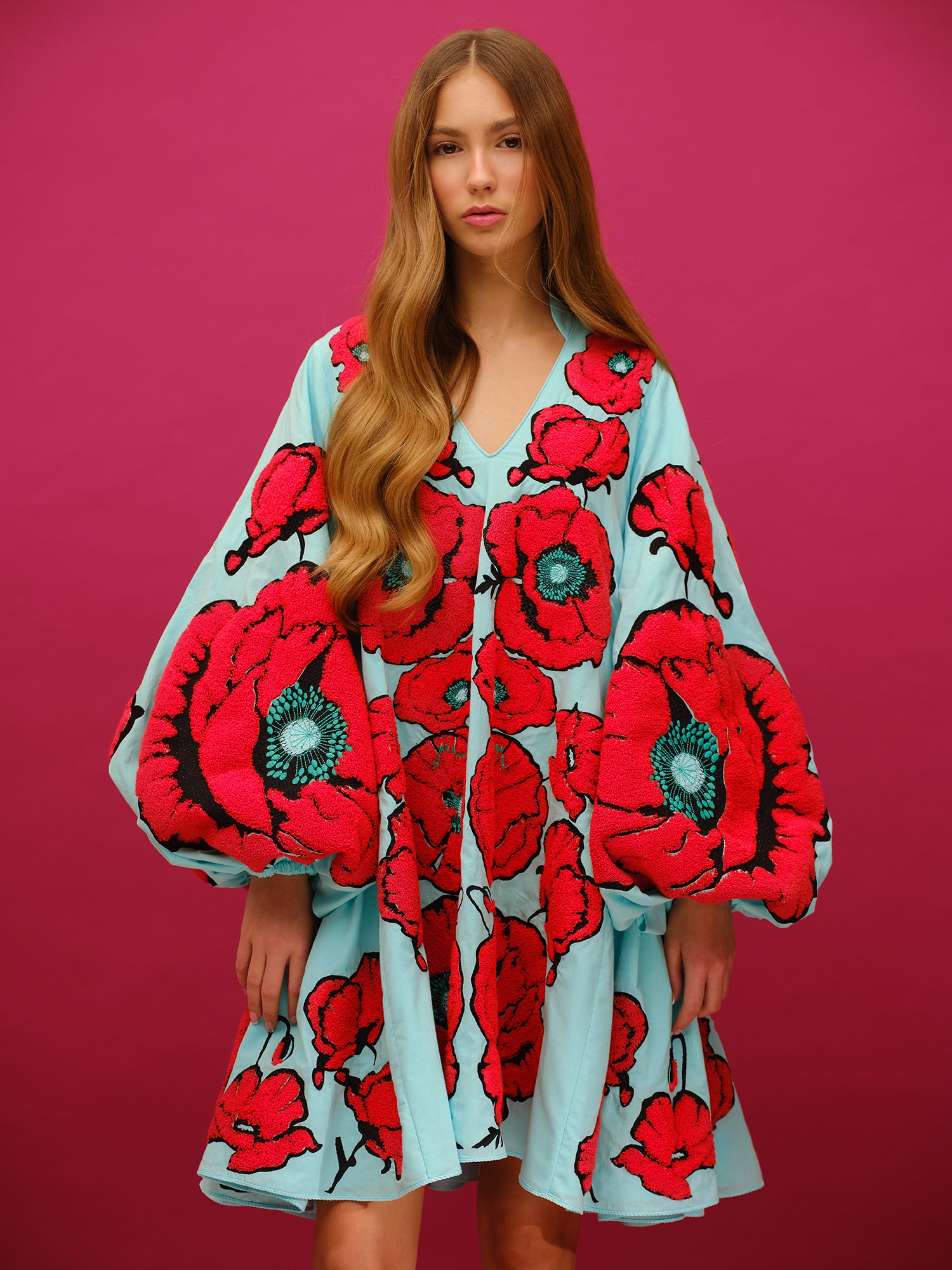 turquoise and red dress Santa Fe Dress, Long, 3/4 Sleeve, Turquoise & Orange Rose  Passementrie
