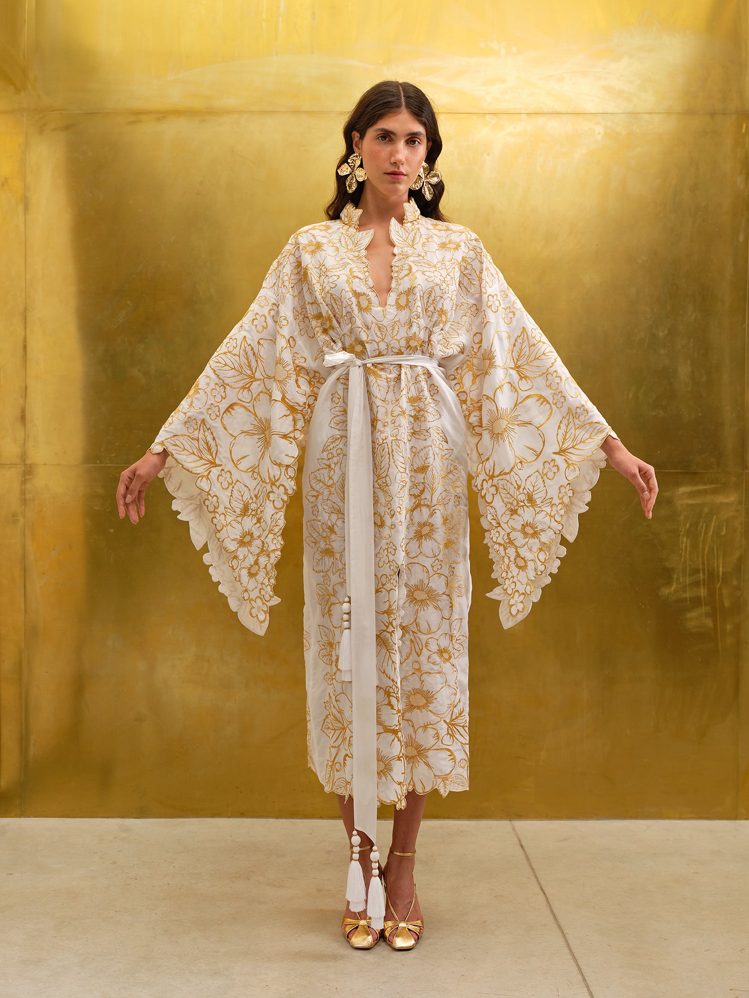 Luxurious White/Gold Lace Women's Midi Dress Yuliya Magdych 3XL / White/Gold