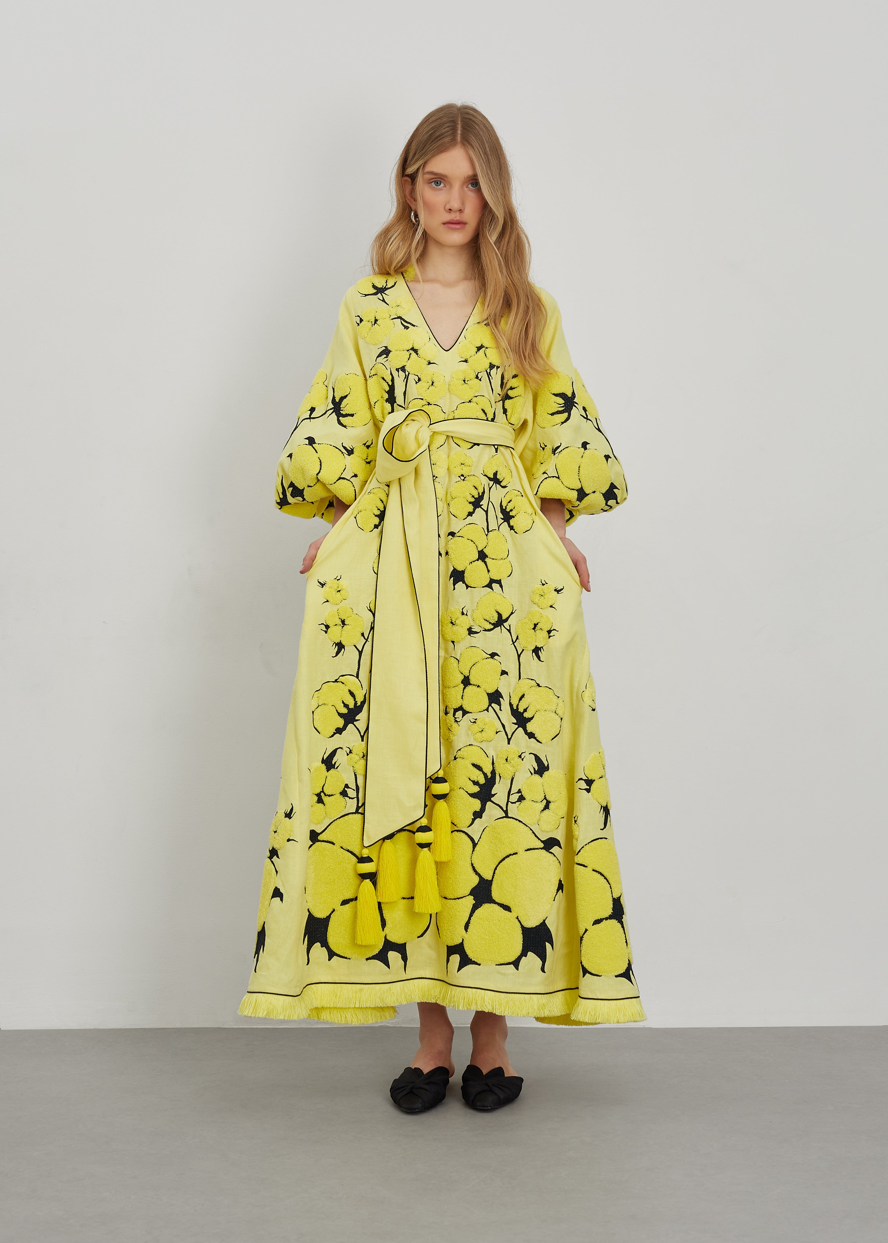 Luxurious Yellow/Yellow Cotton Women's Midi Dress Yuliya Magdych 4XL / Yellow/Yellow Luxurious Yellow/Yellow Cotton Women's Midi Dress Yuliya Magdych 4XL / Yellow/Yellow