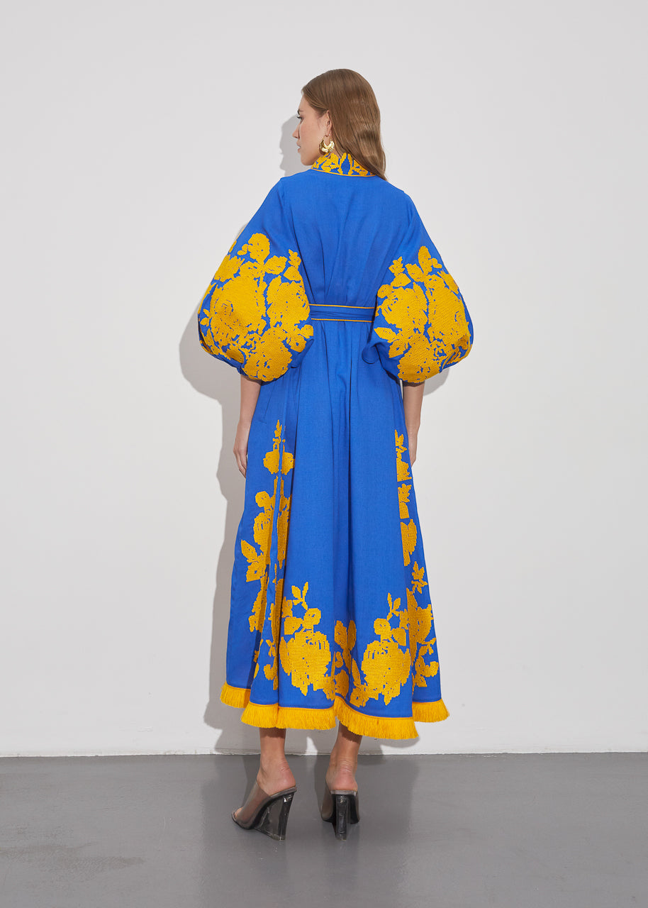 Luxurious Blue/Orange Roses Women's Midi Dress Yuliya Magdych L / Blue/Orange Luxurious Blue/Orange Roses Women's Midi Dress Yuliya Magdych L / Blue/Orange