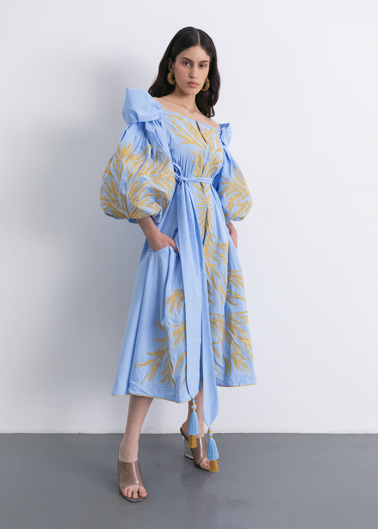Luxurious Light Blue/Gold Kolossya Women's Midi Dress Yuliya Magdych Light Blue/Gold / 3XL Luxurious Light Blue/Gold Kolossya Women's Midi Dress Yuliya Magdych Light Blue/Gold / 3XL