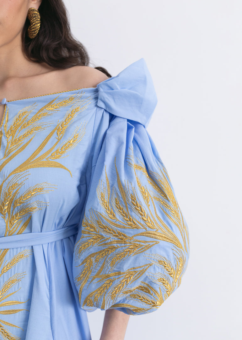Luxurious Light Blue/Gold Kolossya Women's Midi Dress Yuliya Magdych Light Blue/Gold / 3XL Luxurious Light Blue/Gold Kolossya Women's Midi Dress Yuliya Magdych Light Blue/Gold / 3XL