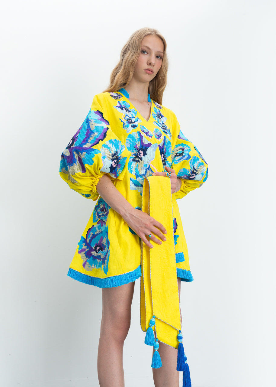 Luxurious Yellow/Blue Exstasy Women's Mini Dress Yuliya Magdych XL / Yellow/Blue Luxurious Yellow/Blue Exstasy Women's Mini Dress Yuliya Magdych XL / Yellow/Blue