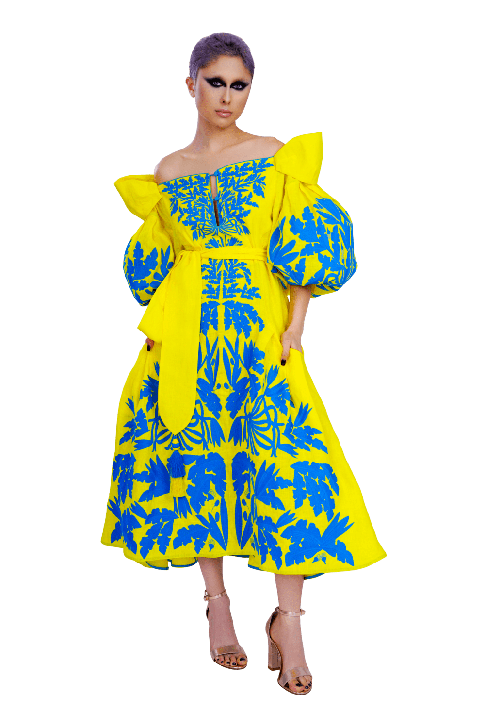Luxurious Yellow/Blue Olives Women's Midi Dress Yuliya Magdych XL / Yellow/Blue Luxurious Yellow/Blue Olives Women's Midi Dress Yuliya Magdych XL / Yellow/Blue
