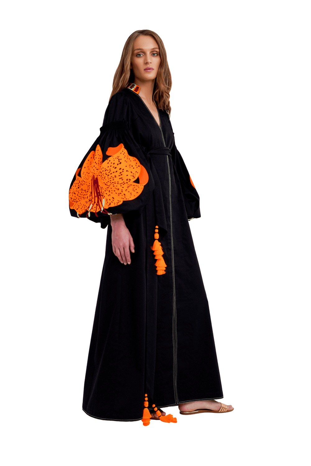 Luxurious Black/Orange Lilies Women's Maxi Caftan Yuliya Magdych