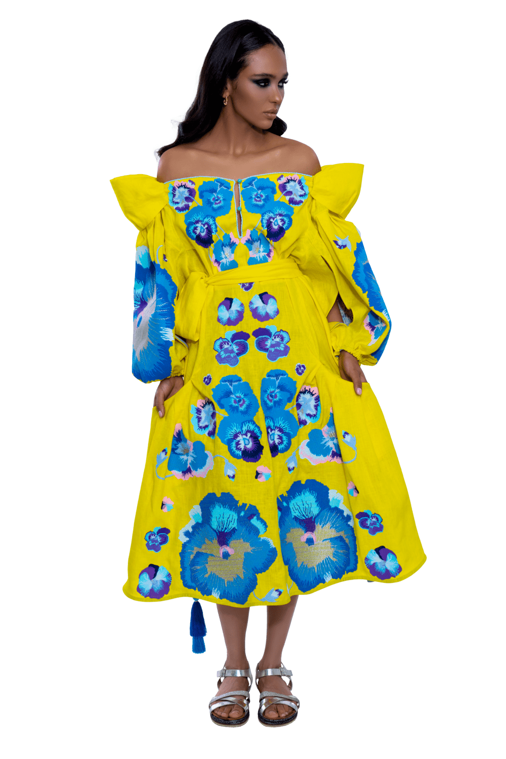 blue and yellow midi dress Luxurious Yellow/Blue Pansies Women's Midi Dress Yuliya Magdych 3XL / Yellow/Blue
