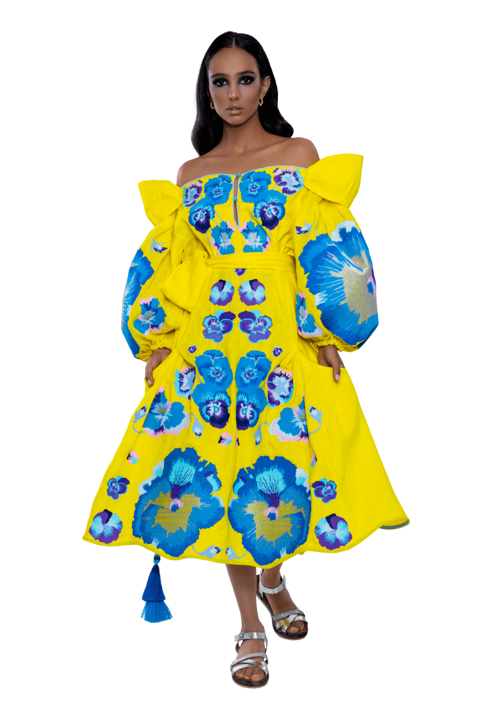 Luxurious Yellow/Blue Pansies Women's Midi Dress Yuliya Magdych 3XL / Yellow/Blue