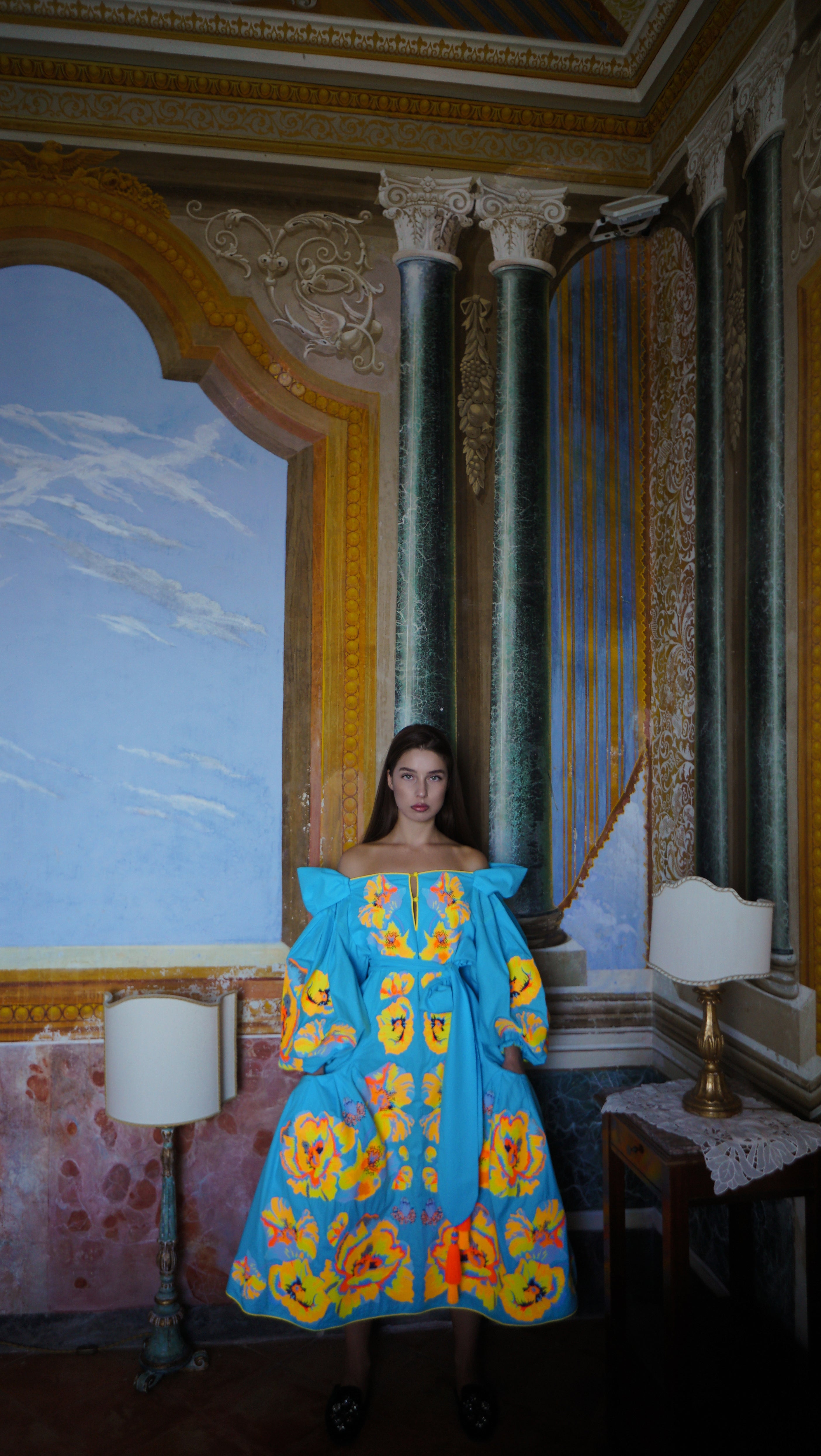 Luxurious Blue/Yellow Roosters Women's Midi Dress Yuliya Magdych 3XL / Blue/Yellow