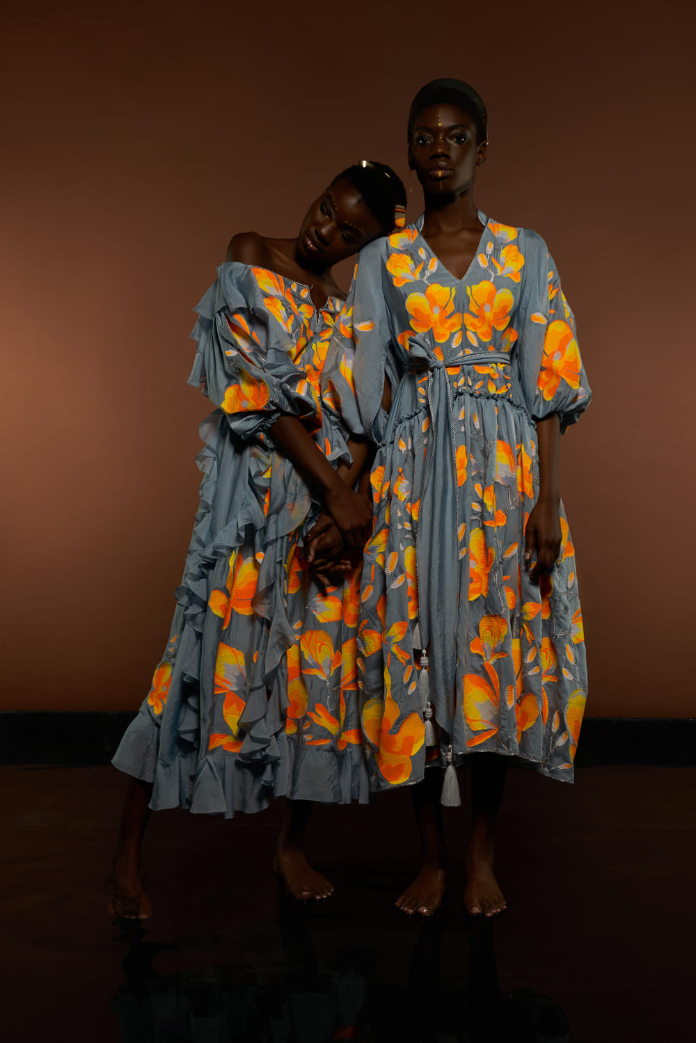 Luxurious Blue/Orange Magnolia Women's Midi Dress Yuliya Magdych 4XL / Blue/Orange Luxurious Blue/Orange Magnolia Women's Midi Dress Yuliya Magdych 4XL / Blue/Orange