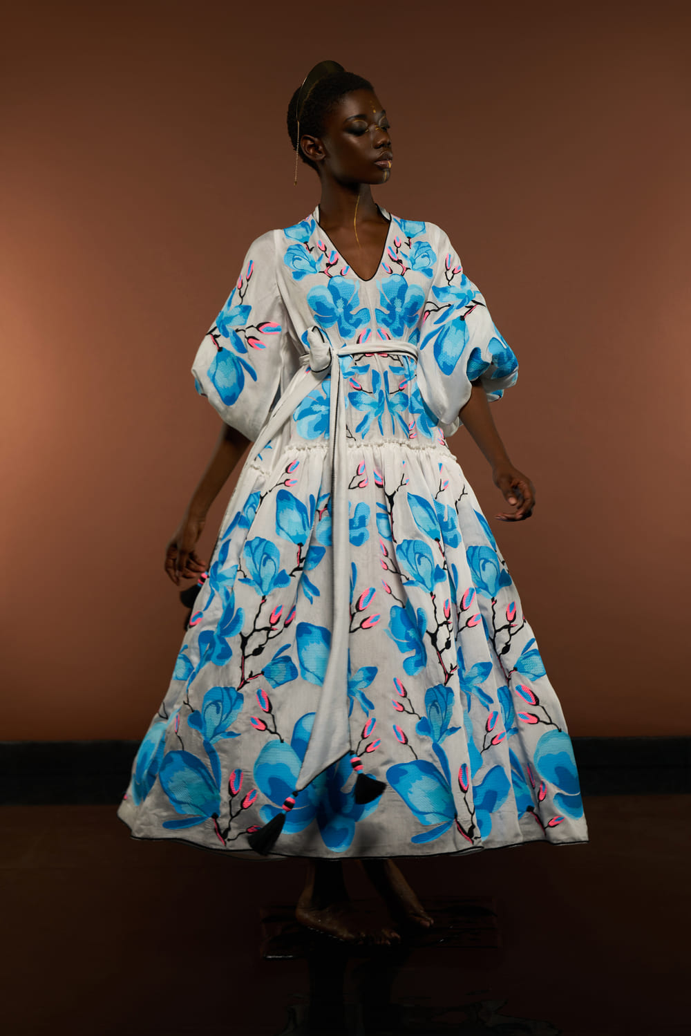 blue magnolia dress Luxurious White/Blue Women's Midi Yuliya Magdych shell buttons Size:3XL USA cf-size-xs Women's Flyer Sport Dress