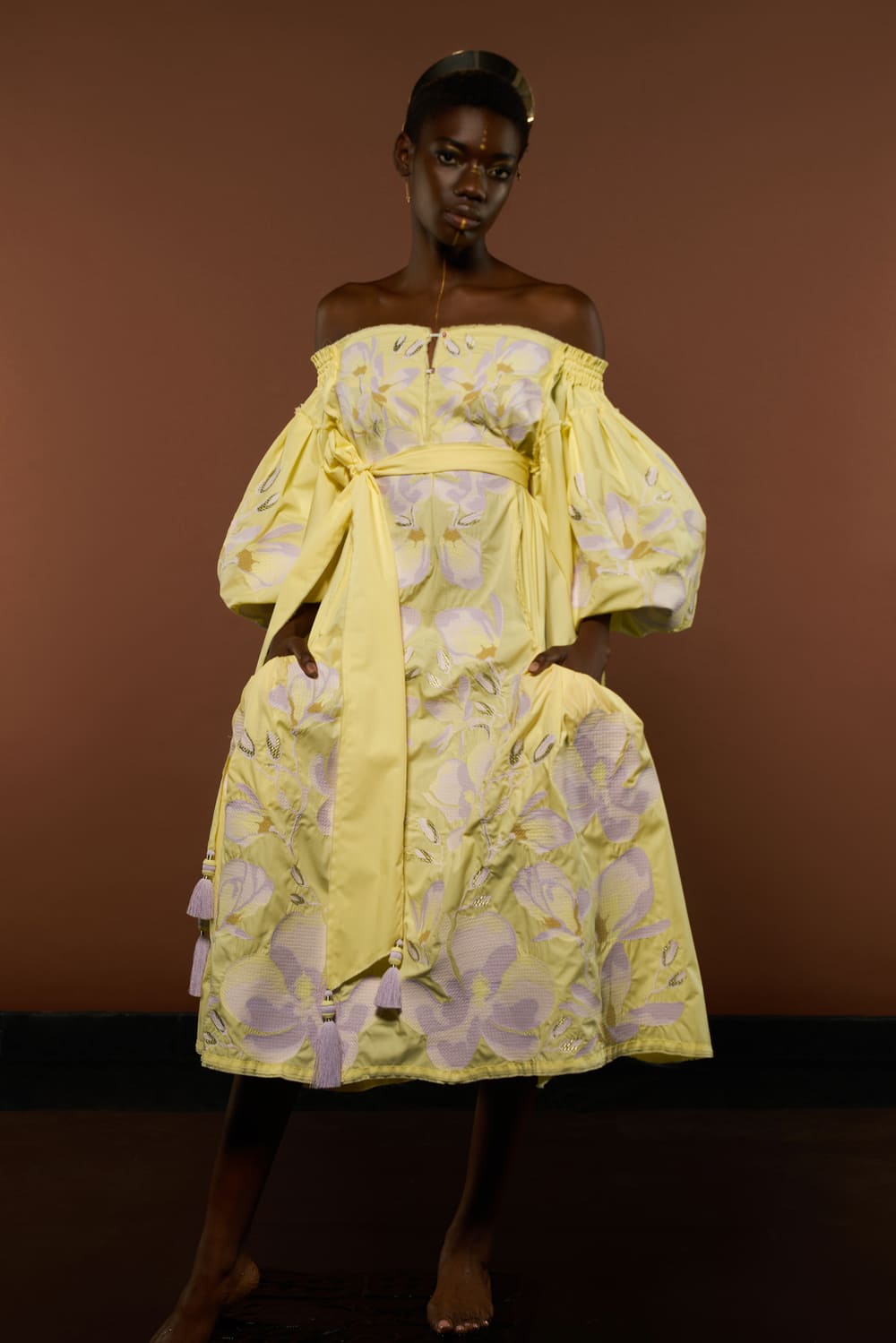 Luxurious Yellow/Lilac Magnolia Women's Midi Dress Yuliya Magdych XL / Yellow/Lilac