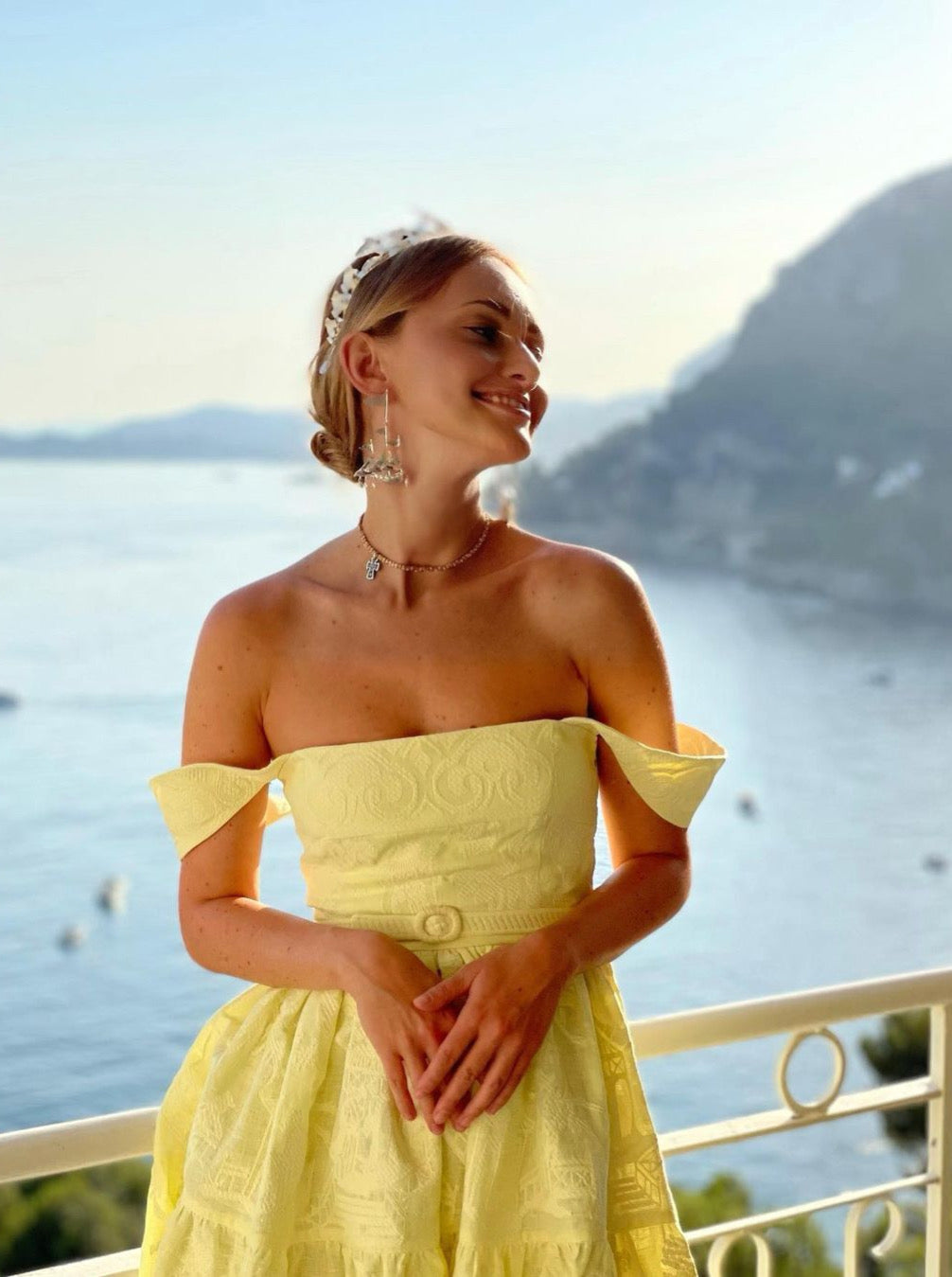 strapless open back dress Luxurious Yellow Chinoiserie Women's Midi Sundress Yuliya Magdych Yellow/Yellow / 38