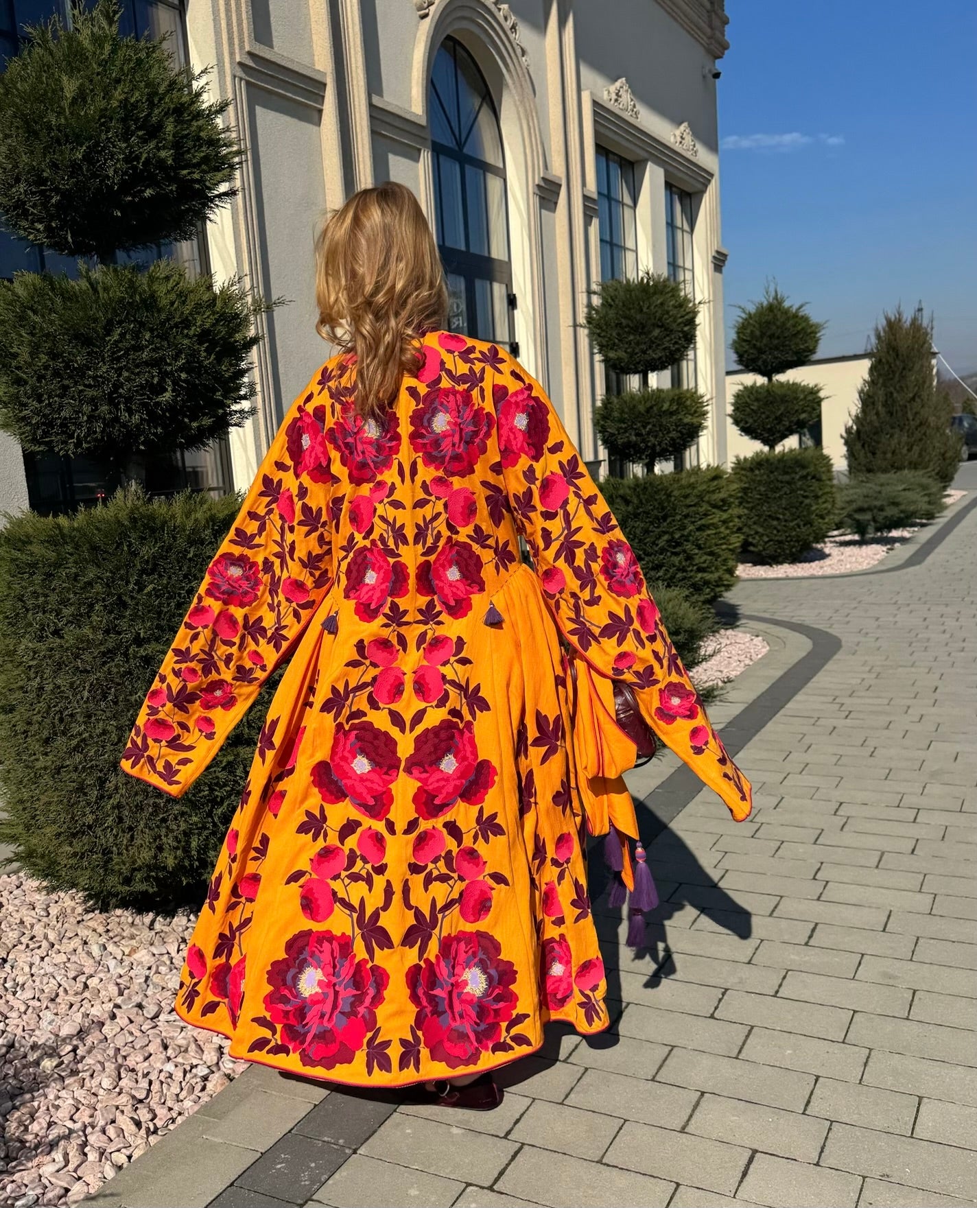 Luxurious Orange/Burgundy Peonies Women's Maxi Dress Yuliya Magdych XXL / Orange/Burgundy