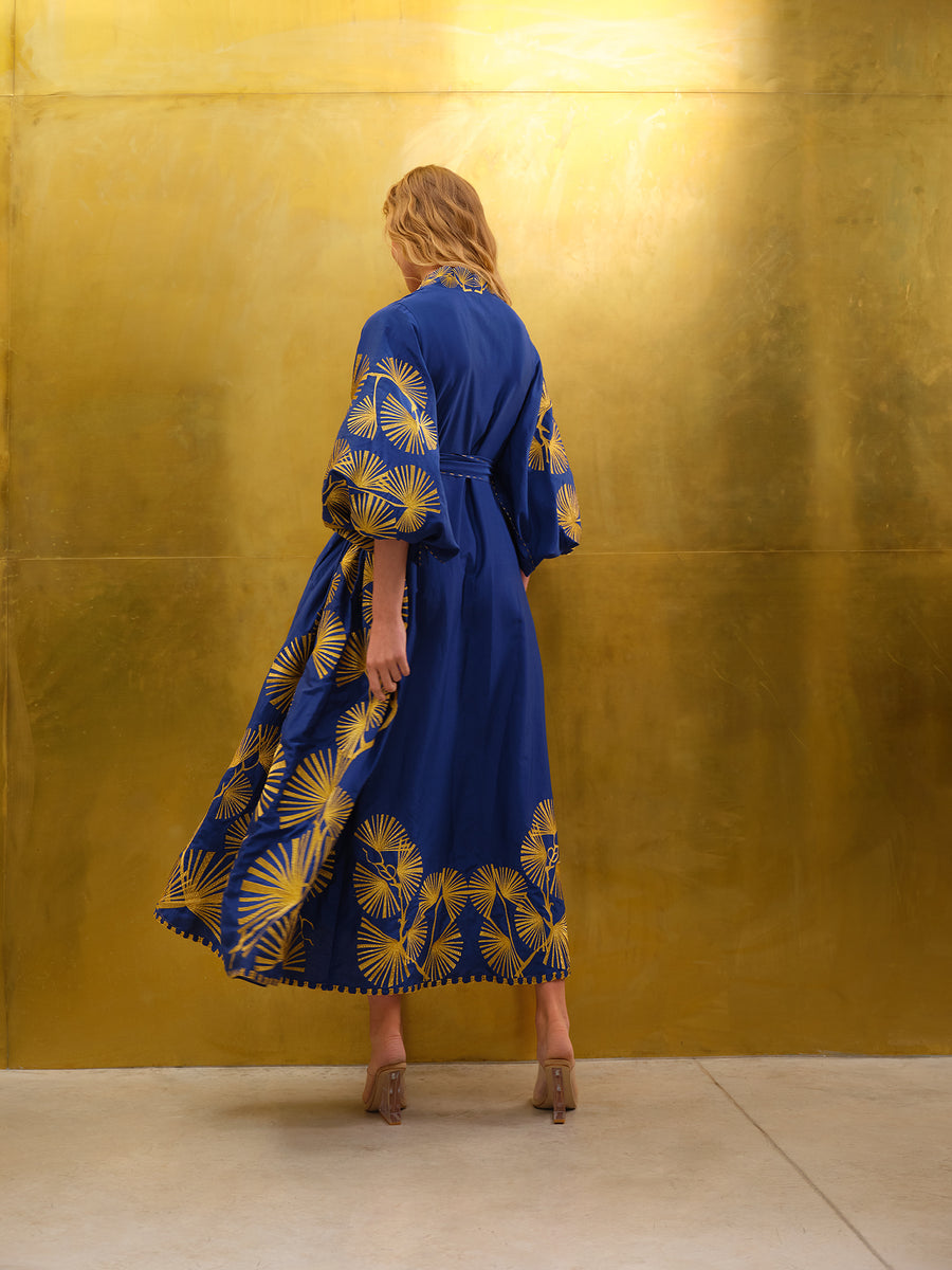 blue and gold midi dress Michael Kors Collection
