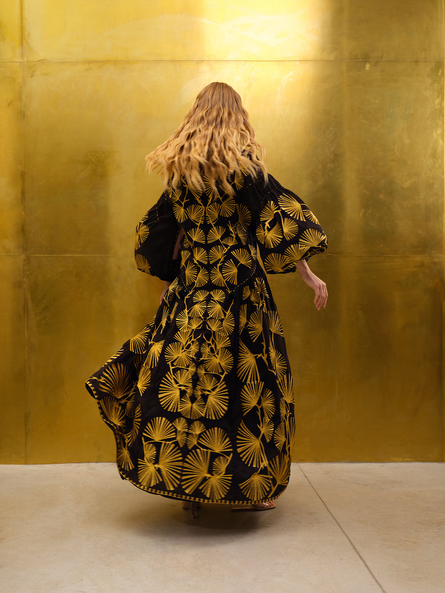 Luxurious Black/Gold Fans Women's Midi Dress Yuliya Magdych Black/Gold / XXL Luxurious Black/Gold Fans Women's Midi Dress Yuliya Magdych Black/Gold / XXL
