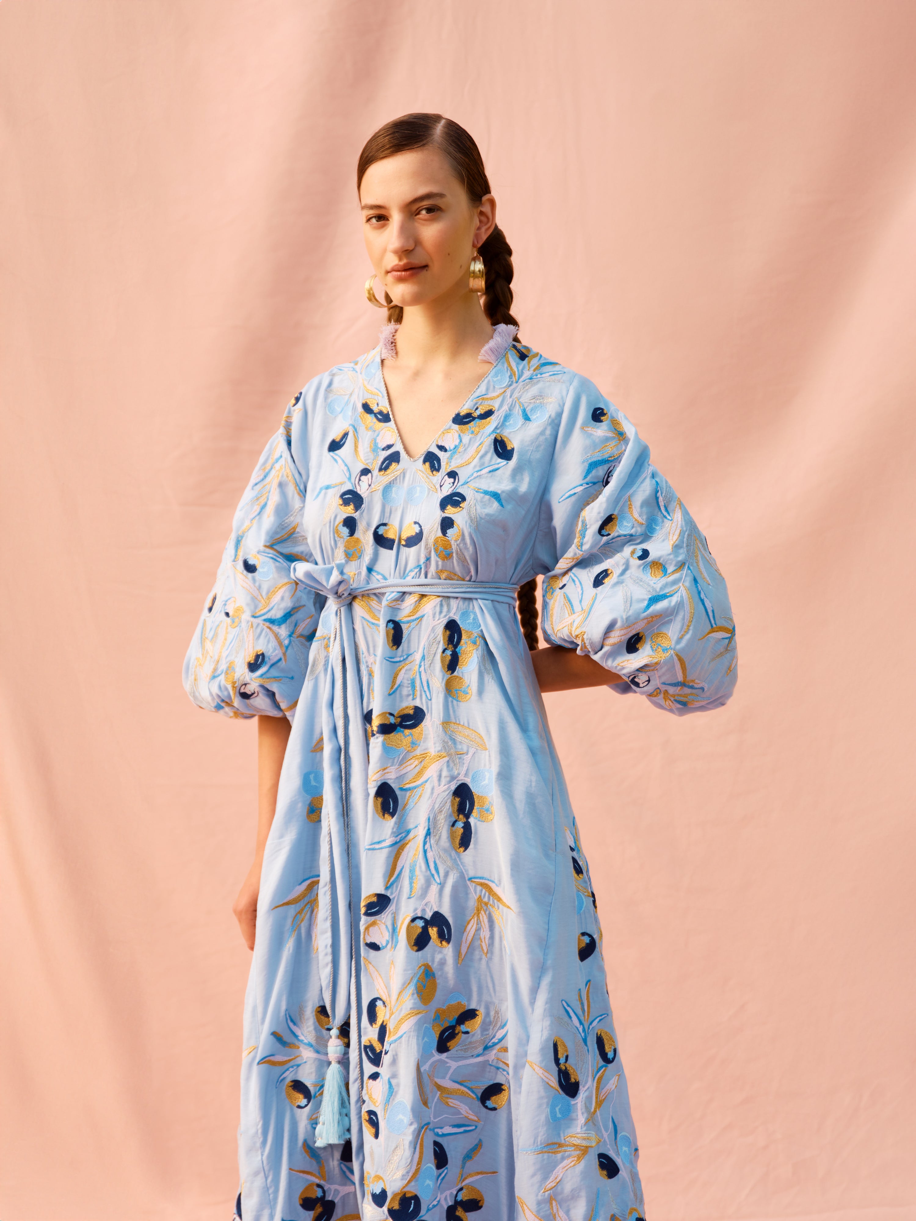 Luxurious Light Blue/Blue/Gold Olive Gardens Women's Midi Dress Yuliya Magdych Light Blue/Blue/Gold / S/M Luxurious Light Blue/Blue/Gold Olive Gardens Women's Midi Dress Yuliya Magdych Light Blue/Blue/Gold / S/M