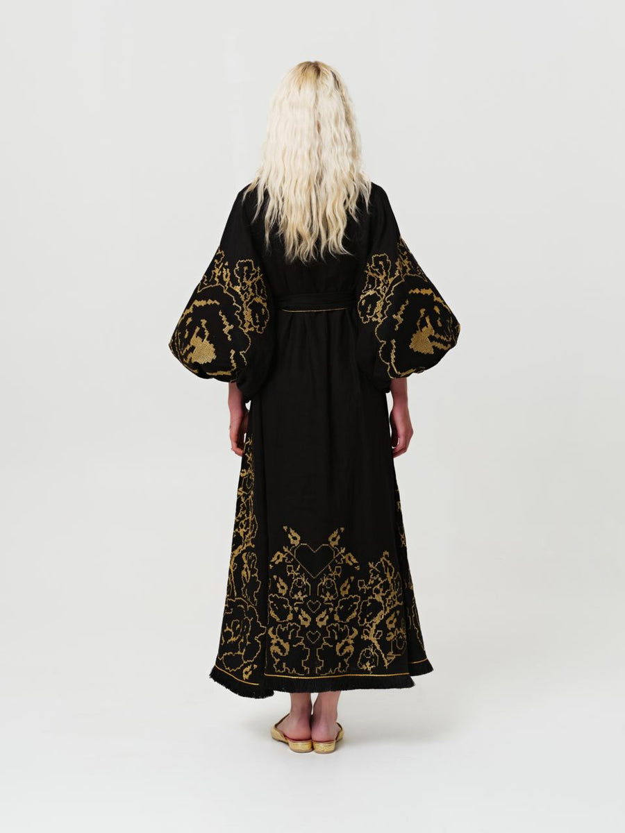 Luxurious Black/Gold Vechornitsi Women's Midi Dress Yuliya Magdych Luxurious Black/Gold Vechornitsi Women's Midi Dress Yuliya Magdych