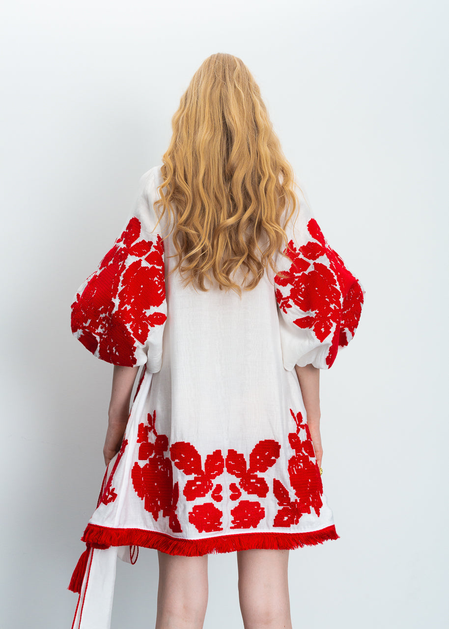Luxurious White/Red Roses Women's Mini Dress Yuliya Magdych
