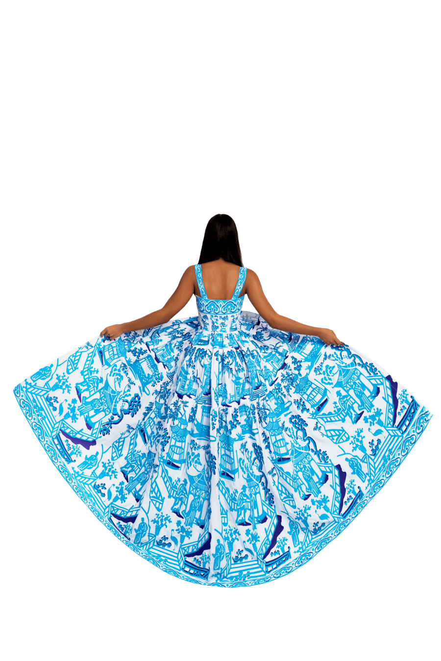 Luxurious White/Blue Chinoiserie Women's Maxi Sundress Yuliya Magdych 36 / White/Blue Luxurious White/Blue Chinoiserie Women's Maxi Sundress Yuliya Magdych 36 / White/Blue