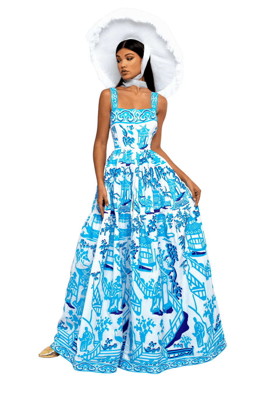 Luxurious White/Blue Chinoiserie Women's Maxi Sundress Yuliya Magdych 36 / White/Blue Luxurious White/Blue Chinoiserie Women's Maxi Sundress Yuliya Magdych 36 / White/Blue