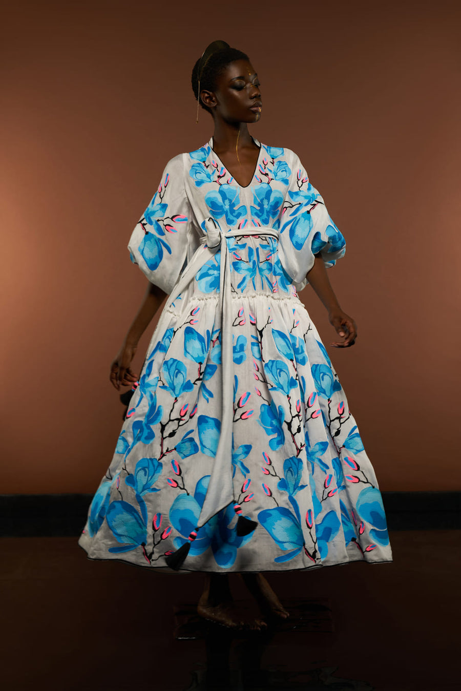 Luxurious White/Blue Magnolia Women's Midi Dress Yuliya Magdych White/Blue / XS/S Luxurious White/Blue Magnolia Women's Midi Dress Yuliya Magdych White/Blue / XS/S