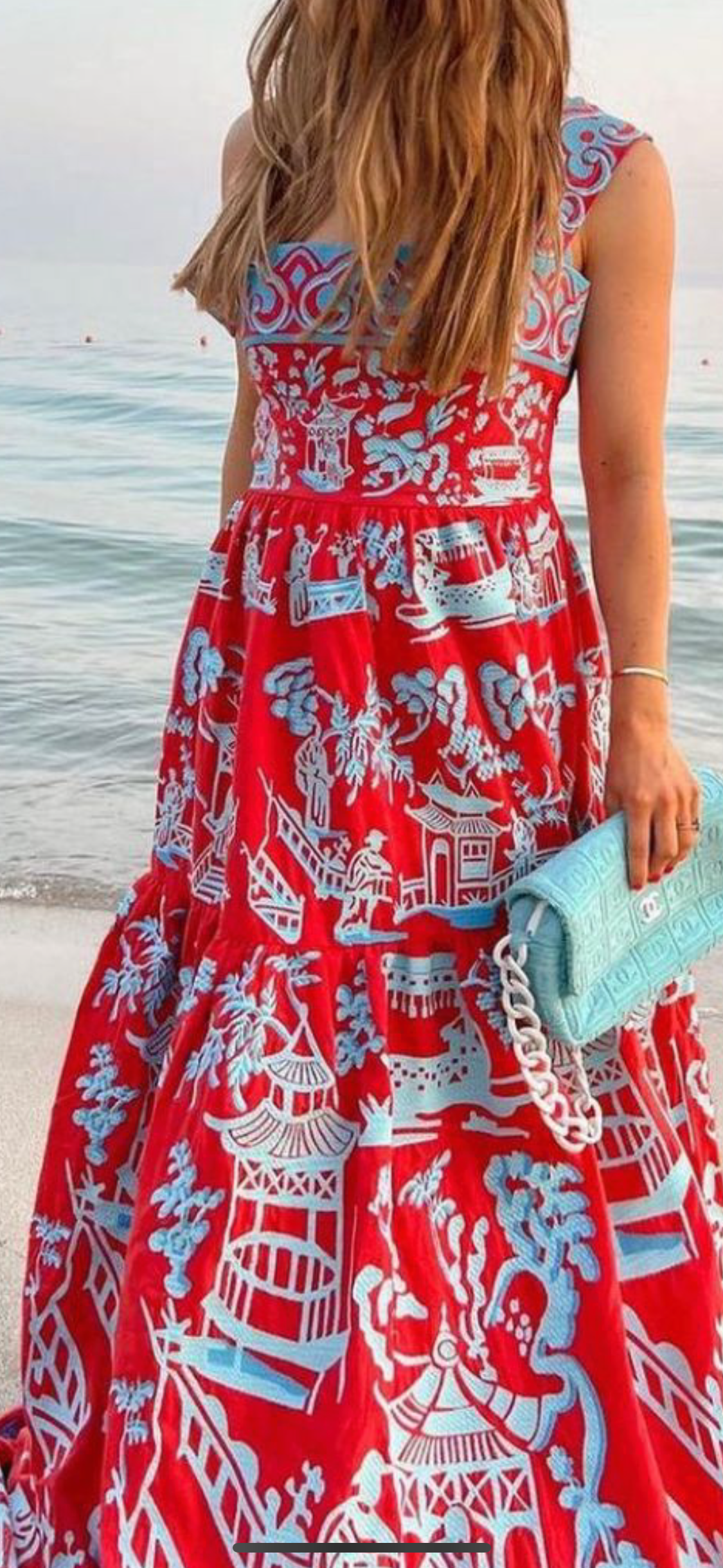 Luxurious Red/Blue Chinoiserie Women's Maxi Sundress Yuliya Magdych 46 / Red/Blue