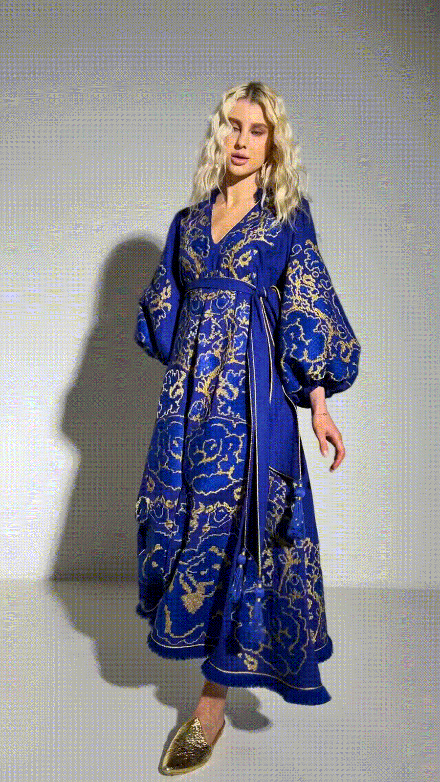 Luxurious Blue/Gold Vechornitsi Women's Midi Dress Yuliya Magdych