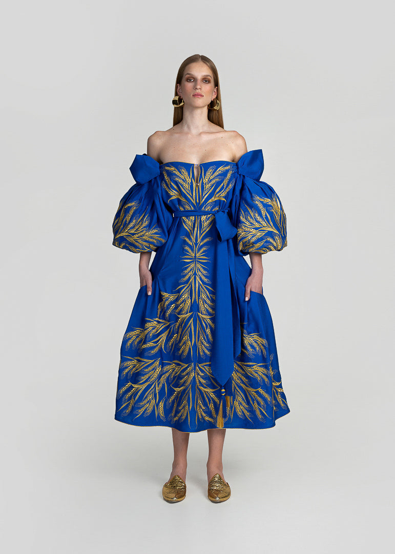 Luxurious Blue/Gold Kolossya Women's Midi Dress Yuliya Magdych Blue/Gold / 4XL